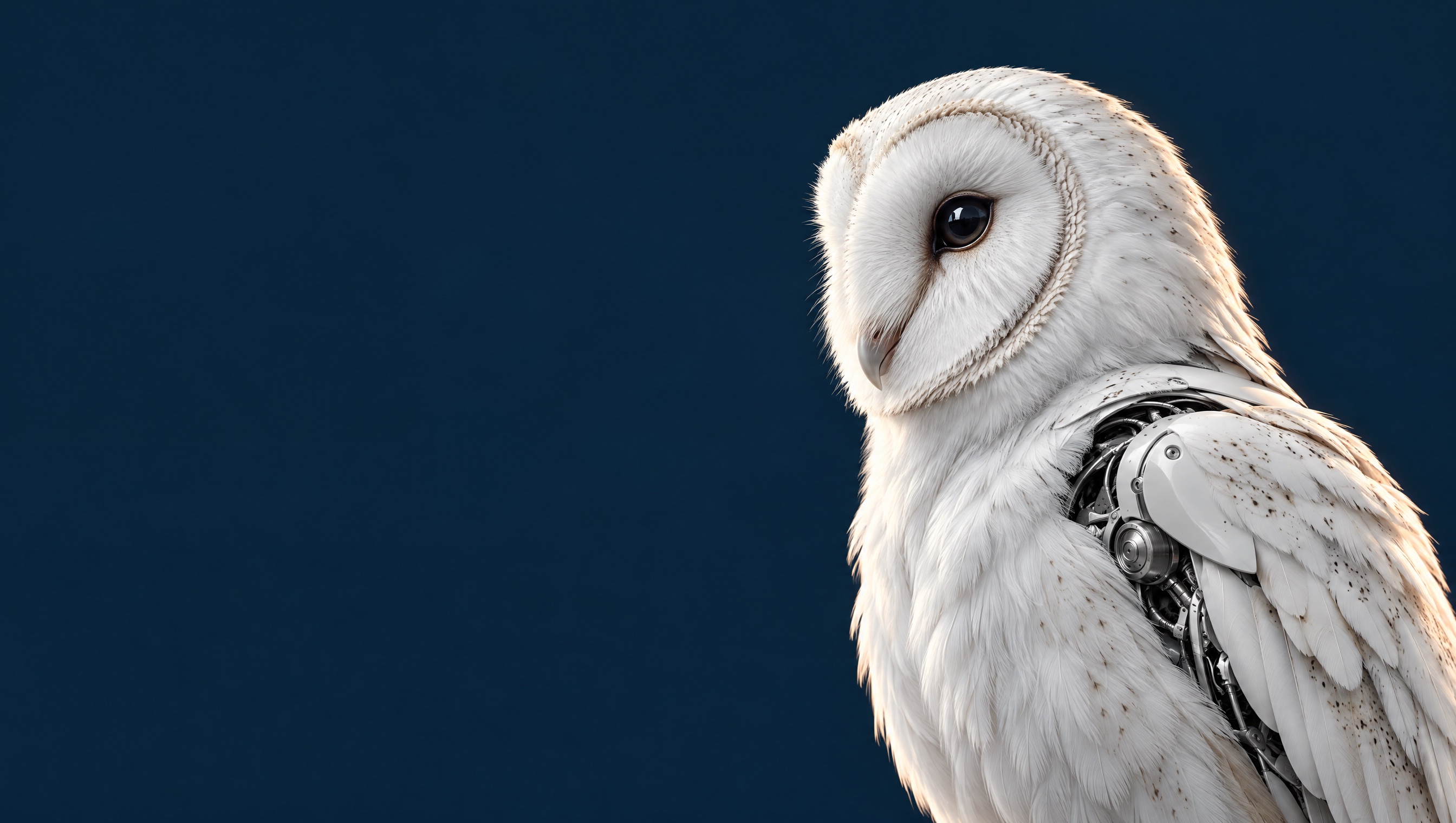 A white barn owl against deep navy, a symbol of watchfulness and insight